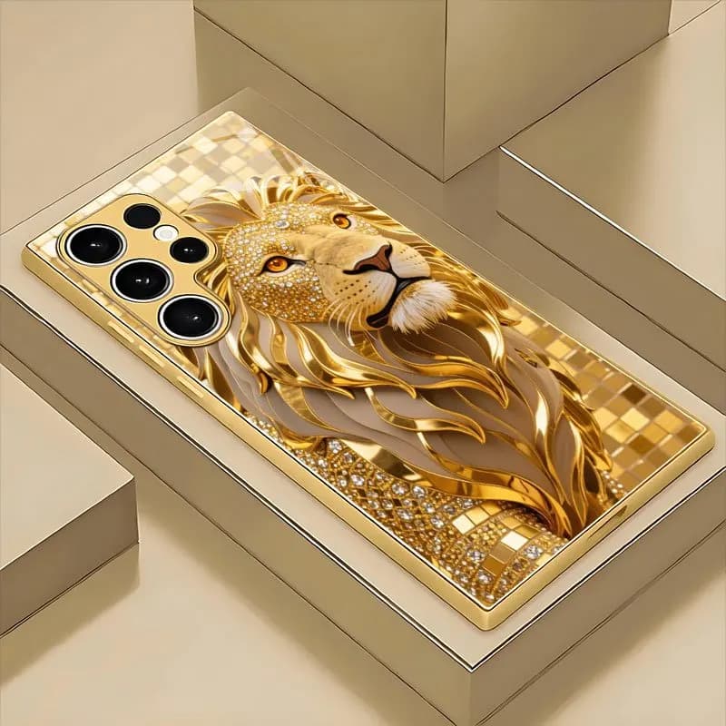 Golden Lion Pattern Electroplated Glass Phone Case Suitable for Samsung Galaxy S26 S25 S24 S23 S22 S21 S20 FE/Ultra/Plus Anti Fa