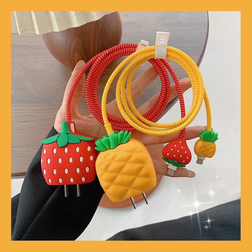 Strawberry Pineapple 3D Charger Protective Case For Apple iPhone 18W 20W Fast Charge Protection Cover Cable Data Line Winder