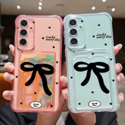 Black Bow Clear Card Bag Wallet Case For Samsung Galaxy A57 A18 A37 A27 A17 A56 A16 A26 A55 S25 FE S26 S25 S23 Ultra Phone Cover