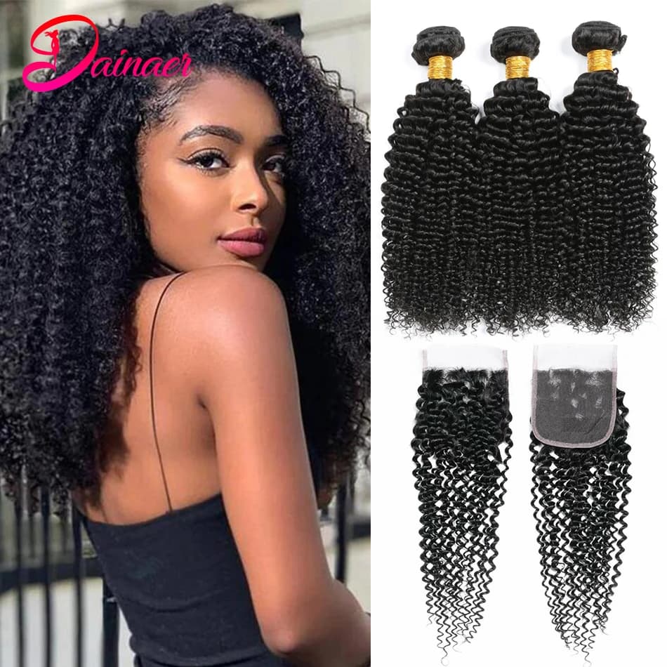 Mongolian Hair Afro Kinky Curly Hair Extension Human Hair Bundles With 4X4 Closure Natural Color Remy Curly Bundles With Closure