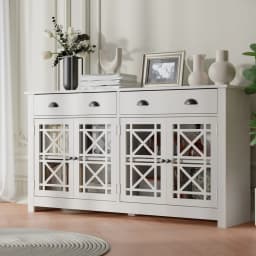 Modern Buffet Cabinet with Drawers, Wood Sideboard Buffet Cabinet with 4 Acrylic Glass Doors, Freestanding Bar Cabinet
