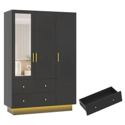 Modern Wooden Armoire Wardrobe Closet with Hanging Rod for Bedroom, 3 Door Wardrobe Closet with Mirror & LED Lights,White