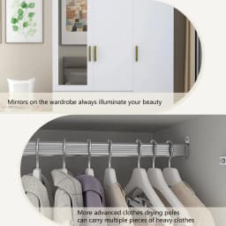 Modern Wooden Armoire Wardrobe Closet with Hanging Rod for Bedroom, 3 Door Wardrobe Closet with Mirror & LED Lights,White
