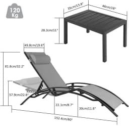 3Pcs Sun Lounger Recliner Set Aluminum Chaise Lounges,Table,Reclining Chair with 5 Adjustable Backrest, Head Cushion,4 Colour
