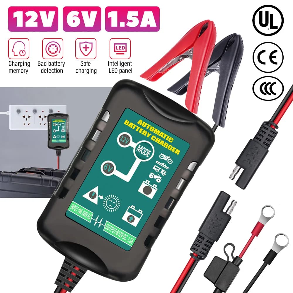 6V 12V 1.5A Automatic Battery Charger Maintainer Car Automatic Float Charger Motorcycle Lawn Mower Tractor Lead-acid AGM GEL Toy