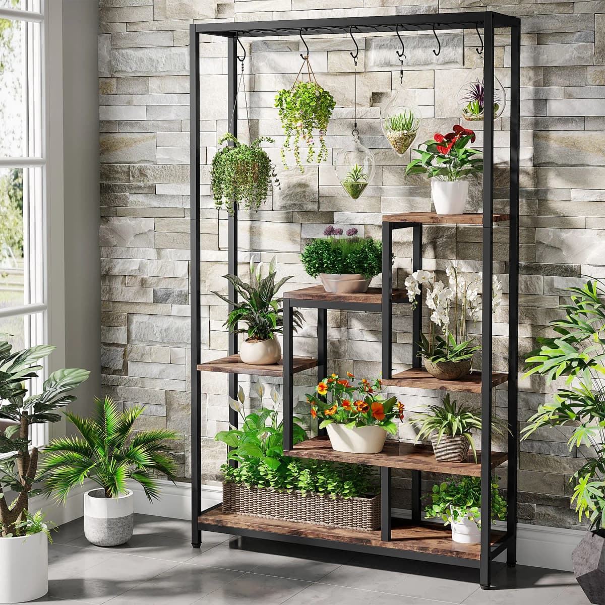 Tribesigns 5 Tiers Tall Indoor Plant Stand 70.9 inches Large Metal Plant Shelf with 10 PC S Hanging Hooks for Garden