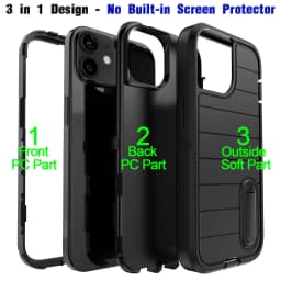 For iPhone 11 12 13 14 15 16 Plus Pro Max Case Heavy Duty Shockproof Hybrid Rugged Kickstand Cover Black