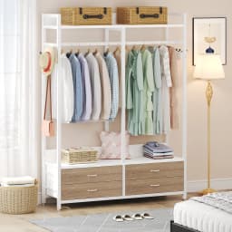 Tribesigns Freestanding Closet Organizer for Hanging Clothes, Heavy Duty Garment Rack with Drawers, 8 Hooks and Storage Shelves