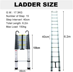 DayPlus Multi-Purpose 6.2M Telescopic Ladder with Removable Hook Aluminium Folding Ladder Non-Slip Extendable Robust 150kg/330lb