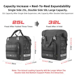 Rhinowalk Motorcycle Saddle Bag Waterproof 25L-32L Expandable Side Pannier Bag Quick Release 3D Cube Motorbike Storage Bag 1PC