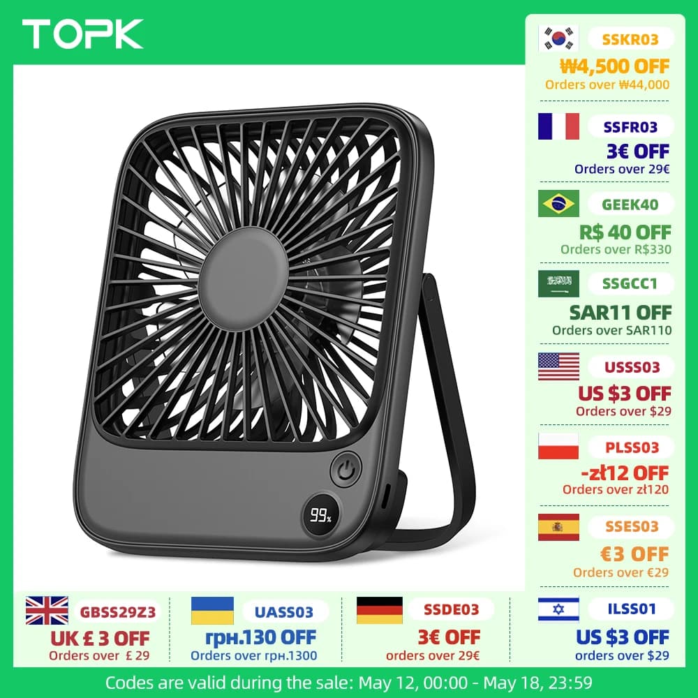 TOPK Rechargeable Portable Fan Electric Mini fan for Camping,2000mah Battery USB Desk Fan Small Silent Table Fans for Room Home