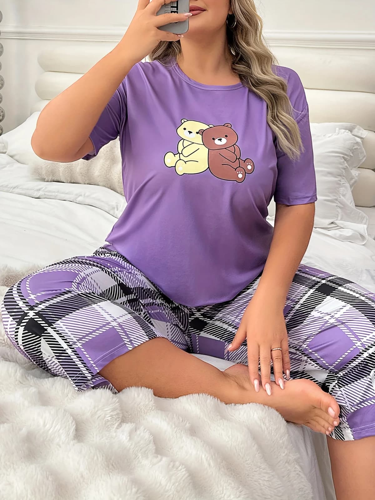 Round neck cute teddy bear short sleeved checkered 7-inch pants casual soft and comfortable plus size women's set pajamas