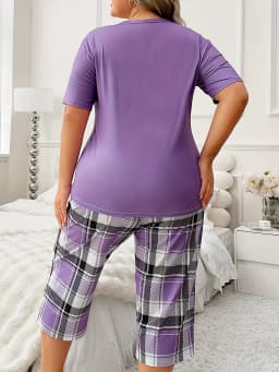 Round neck cute teddy bear short sleeved checkered 7-inch pants casual soft and comfortable plus size women's set pajamas