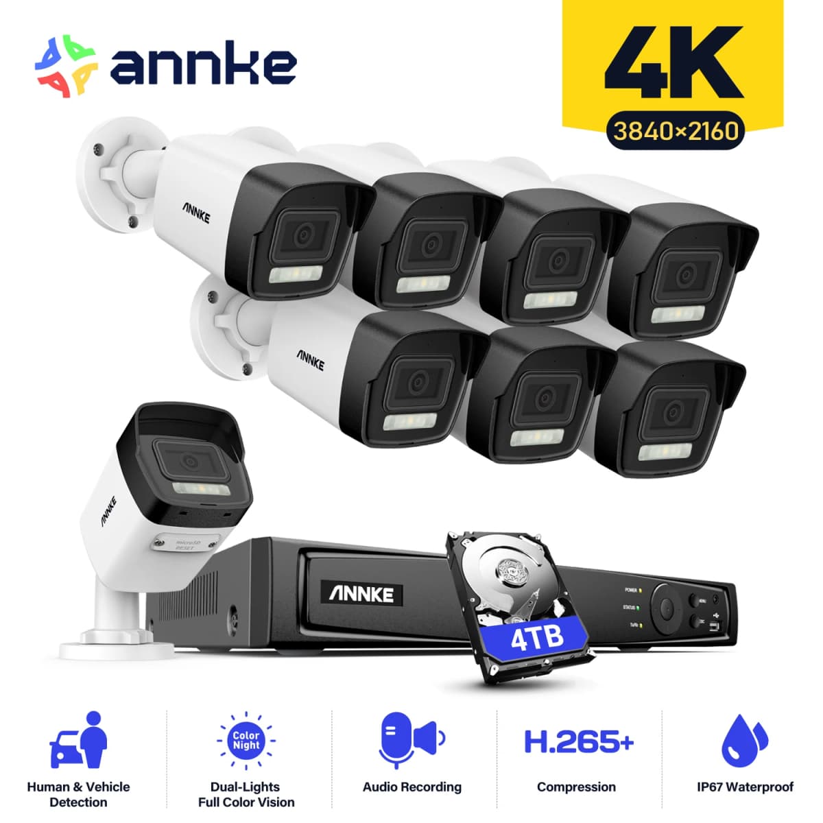 Annke H.265+ 4K Smart Dual Light POE Camera System 4MM Lens Human Vehicle Detection IP67 Security Protection Video Surveillance