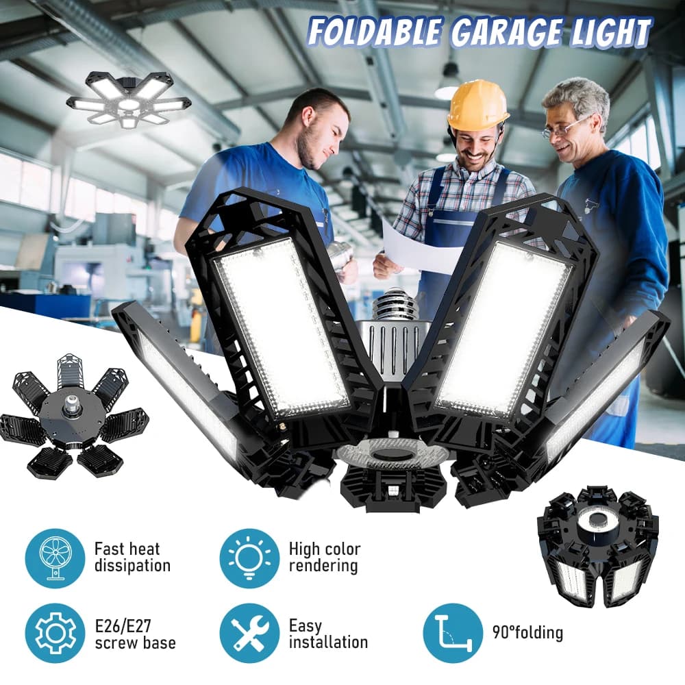 Folding Garage Lighting 120W LED Light E26 E27 Ceiling Lamp LED High Bay Lights UFO Deformable Bulb Garagenleuchte for Workshop