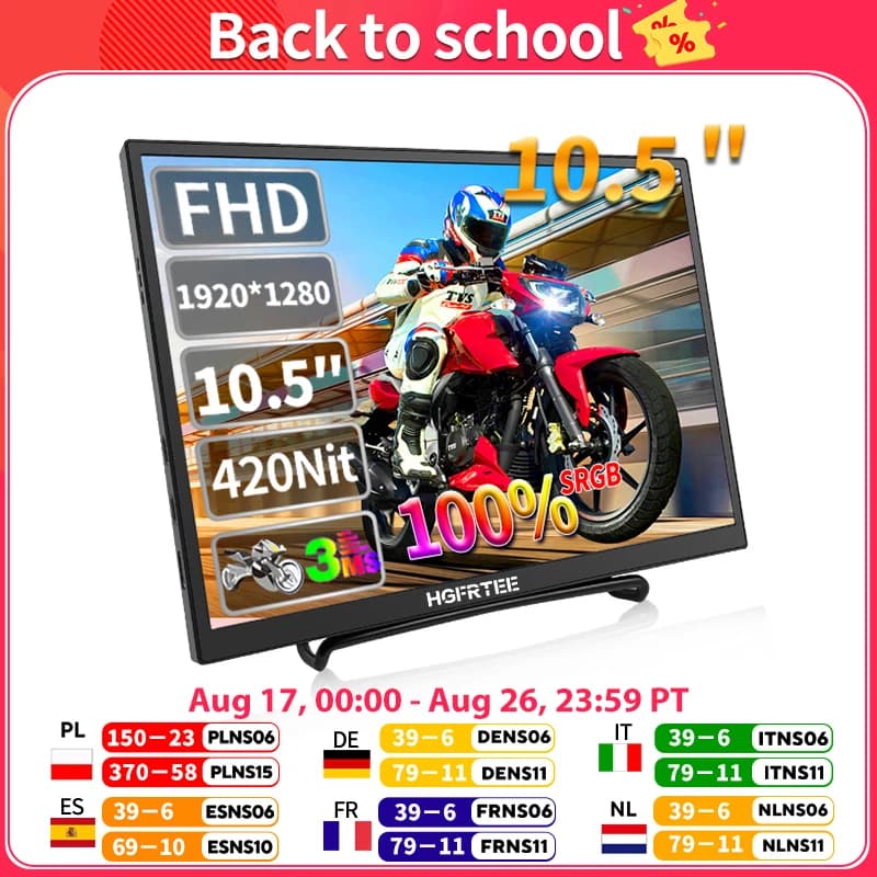 HGFRTEE 10.5 inch Portable Monitor 420Cd/m ² FHD 1280P 100% SRGB Laptop Second Screen For Mac Xbox PS4/5 Switch