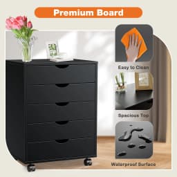 JHK Wood Nightstand Cabinet 5 Drawers Waterproof Surface Storage Organizer File Office Easy To Move Bedside Table Rotating Wheel