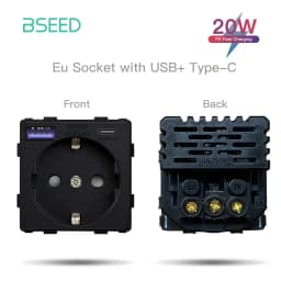 BSEED EU Standard Wall Power Socket USB Outlet Without Glass Panel DIY Function Parts Type-C Charge Port Part 110-250V 16A