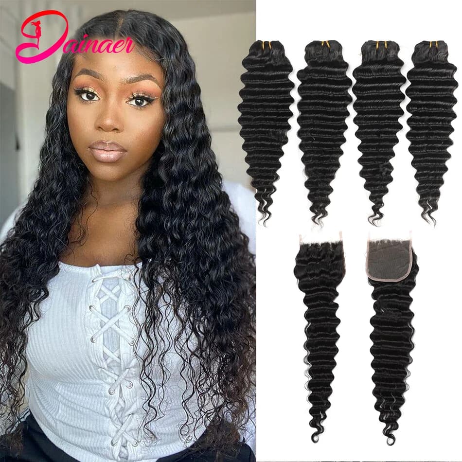 Deep Wave Bundles With Closure Brazilian Human Hair Weave Bundles With Closure Deep Wave Hair 4Bundles With 4x4 Lace Closure