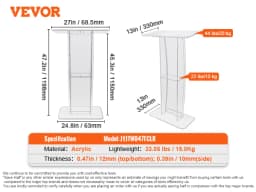 SucceBuy 47" Acrylic Podium Stand Floor-Standing Clear Pulpit Acrylic Desktop Lecterns w/ Storage Shelf for Church Office School