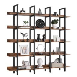 IRONCK Bookcase and Bookshelves Triple Wide 5 Tiers Large Open Shelves, Etagere Bookcases with Back Fence for Home Office Brown