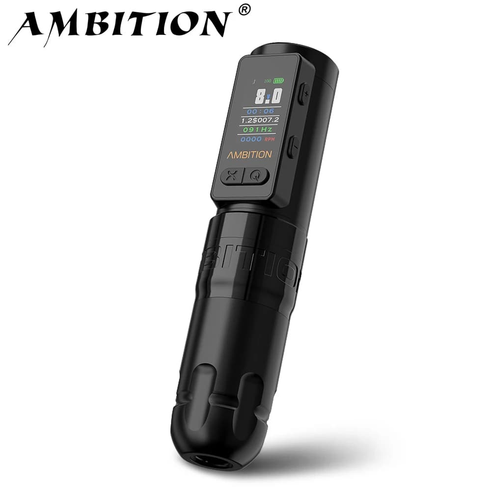 Ambition Soldier Max Wireless Tattoo Machine Pen Coreless Motor Double Bearing Straight Rod 2400mAh Color Screen Billing Battery