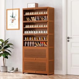 Tall Bamboo Shoe Storage Cabinet Free Standing Shoe Shelf Storage Rack with Flip Doors Shoes Heels Storage Cabinet Organizer