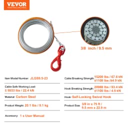 SucceBuy 50/75/100ft Galvanized Steel Winch Cable 3/8in Breaking Strength Wire Winch Rope for SUV Large Off-Road Vehicle