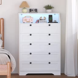 5-Drawer Dresser with Charging Station, LED Dresser for Bedroom, Wood Dresser for Storage and Organization for Living Room