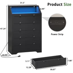 5-Drawer Dresser with Charging Station, LED Dresser for Bedroom, Wood Dresser for Storage and Organization for Living Room