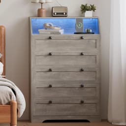 5-Drawer Dresser with Charging Station, LED Dresser for Bedroom, Wood Dresser for Storage and Organization for Living Room