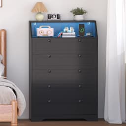 5-Drawer Dresser with Charging Station, LED Dresser for Bedroom, Wood Dresser for Storage and Organization for Living Room