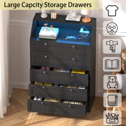 5-Drawer Dresser with Charging Station, LED Dresser for Bedroom, Wood Dresser for Storage and Organization for Living Room