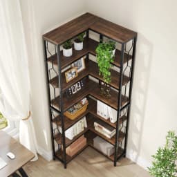 Tribesigns Corner Shelf, 7-Tier Industrial Corner Bookshelf, Wood and Metal Corner Etagere Bookcase, Freestanding Display Shelf