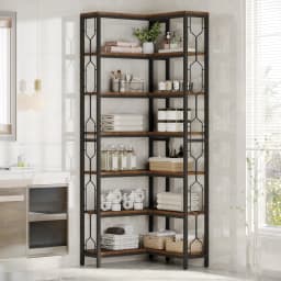 Tribesigns Corner Shelf, 7-Tier Industrial Corner Bookshelf, Wood and Metal Corner Etagere Bookcase, Freestanding Display Shelf