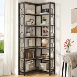 Tribesigns Corner Shelf, 7-Tier Industrial Corner Bookshelf, Wood and Metal Corner Etagere Bookcase, Freestanding Display Shelf