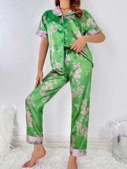 Green plant printed comfortable set, imitation silk short sleeved women's home clothing