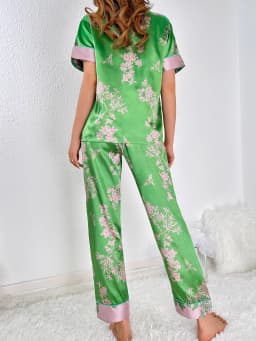Green plant printed comfortable set, imitation silk short sleeved women's home clothing