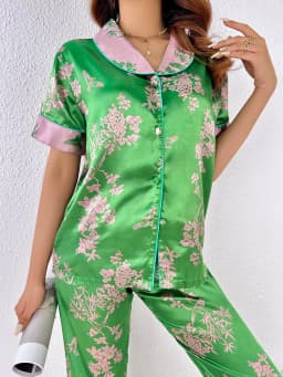 Green plant printed comfortable set, imitation silk short sleeved women's home clothing