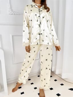 Ladies' high-end rose temperament lace lace and smooth imitation silk long sleeved pants home suit set