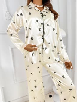 Ladies' high-end rose temperament lace lace and smooth imitation silk long sleeved pants home suit set