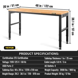 SucceBuy 72cm Woodworking Workbench Adjustable Height Oak Wood Hardwood Top Work Table 900KG Capacity for Office Home Workshop