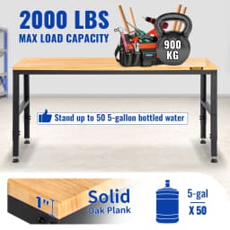 SucceBuy 72cm Woodworking Workbench Adjustable Height Oak Wood Hardwood Top Work Table 900KG Capacity for Office Home Workshop