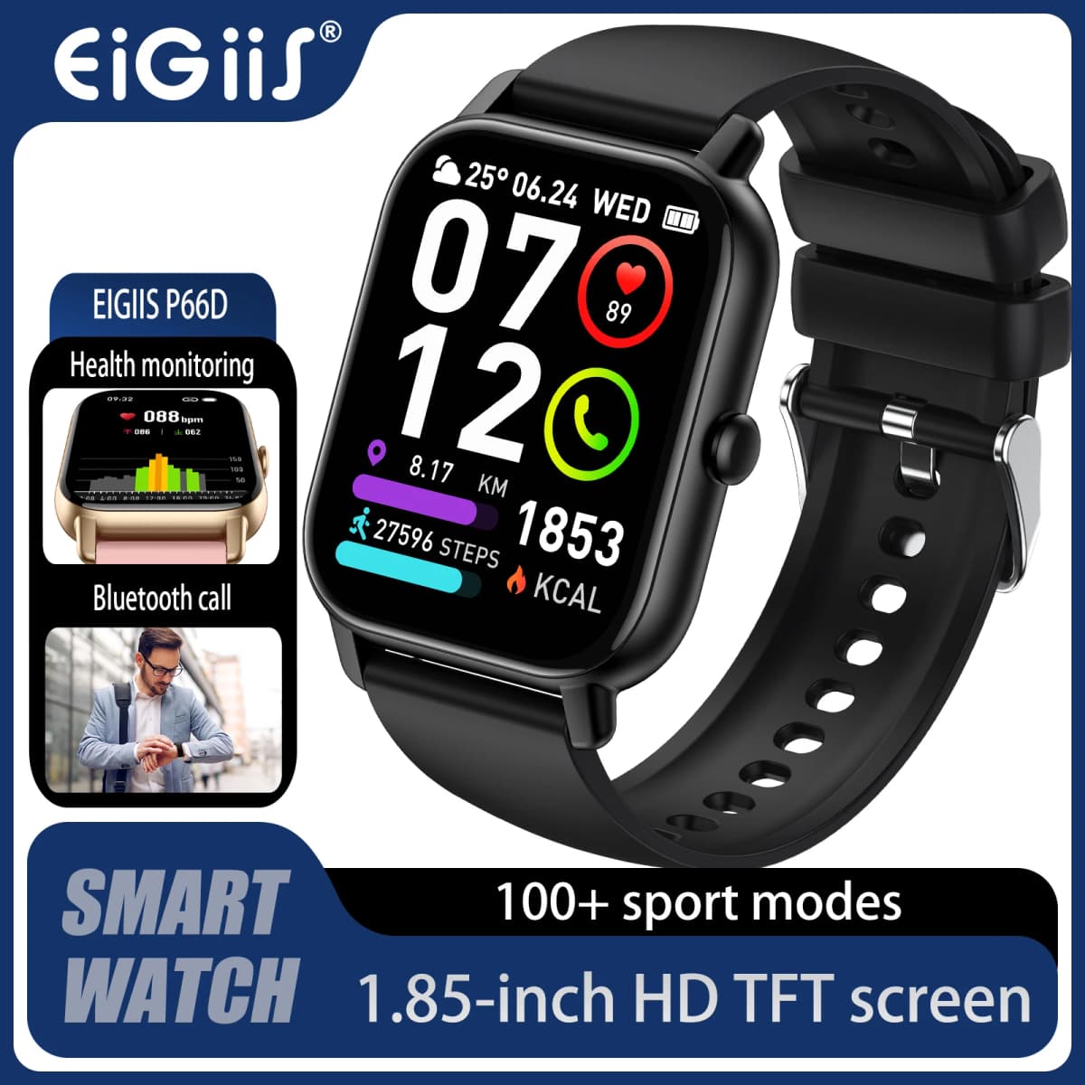 EIGIIS Smart Watch For Men Women P66D 1.85" TFT Health Monitoring IP68 Waterproof Bluetooth Call Multifunction Fitness Tracker