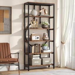 Tribesigns Industrial Bookshelf, Tall Bookcase with Open Shelves, Wood and Metal Display Shelf Storage Shelves