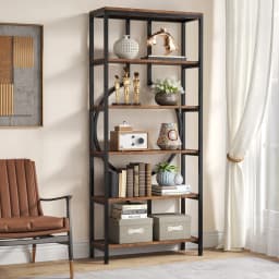 Tribesigns Industrial Bookshelf, Tall Bookcase with Open Shelves, Wood and Metal Display Shelf Storage Shelves