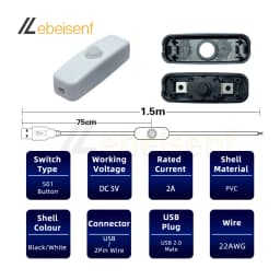 New 5V Switch Power Supply Wire 1.5M USB Male to 2 Core Connection Cable 501 Button ON OFF 2A For LED Strip Lamp Bulb Light DIY