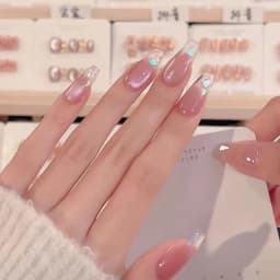 10Pcs Handmade Press on Nails Long Ballet Blue Fake Nails with 3D Ocean Moon Rhinestone Design False Nails Full Cover Nail Tips