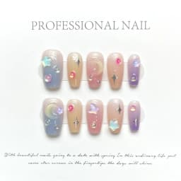 10Pcs Handmade Press on Nails Long Ballet Blue Fake Nails with 3D Ocean Moon Rhinestone Design False Nails Full Cover Nail Tips