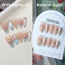 10Pcs Handmade Press on Nails Long Ballet Blue Fake Nails with 3D Ocean Moon Rhinestone Design False Nails Full Cover Nail Tips
